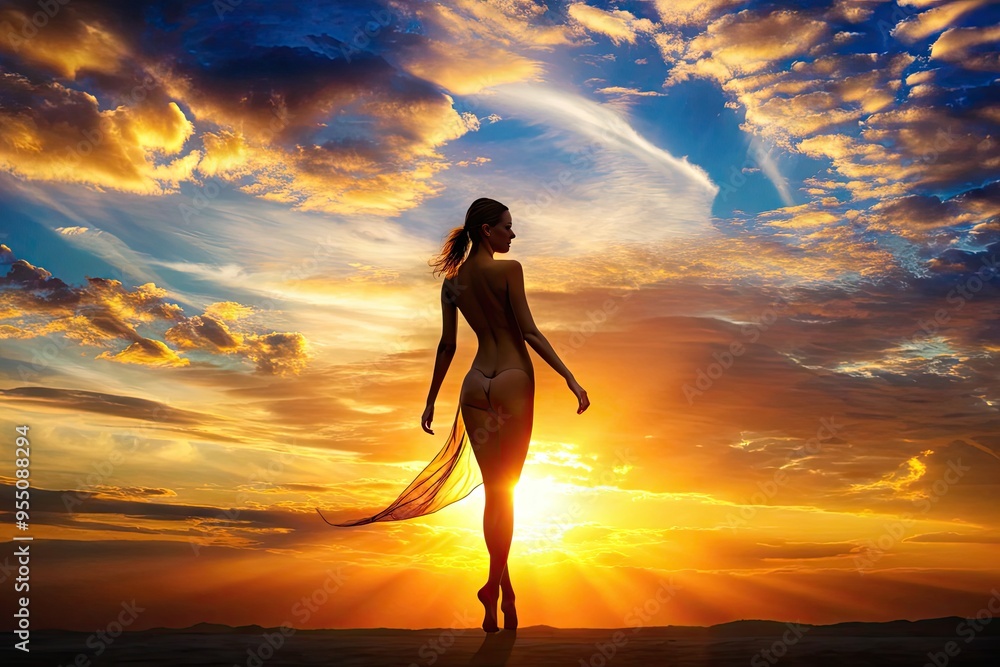 Elegant, curved female form in stark silhouette against a vibrant ...