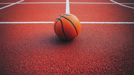 A basketball on the floor. Ball in close-range on the red court. Basketball on an indoor court or the street. athletic equipment in solitude. simplicity. template with a background in sports