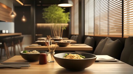 Wall Mural - A sleek modern restaurant table with 3D-rendered noodle bowls from around the world