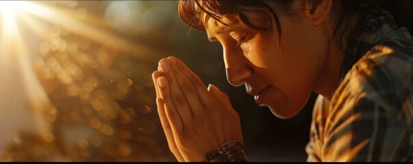 A person is seen praying, their hands in the prayer position, bathed in warm and golden light, symbolizing spirituality and peace