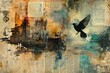 © sengah - Abstract collage artwork with flying raven, urban cityscape and grunge textures