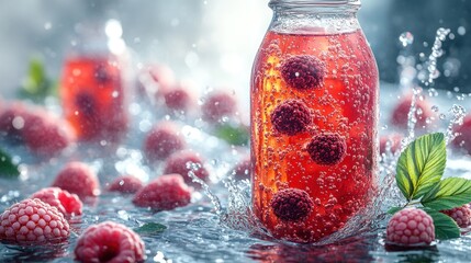 A sparkling raspberry beverage creates delightful splashes in a summer setting