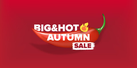 Wall Mural - Super Big Hot Autumn sale horizontal banner with red chili cayenne pepper isolated on red background. Vector 3d horizontal seasonal Autumn hot sale poster, flyer, banner, tag and background.