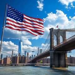 American flag flying and Brooklyn Bridge in New York City Manhattan