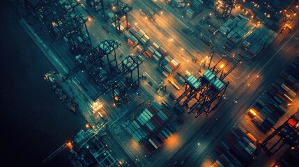 A bird's-eye view of a busy shipping port at night, with lights illuminating the cranes and containers.