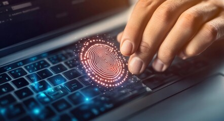 Poster - A man uses a mobile phone app to conduct online banking and digital payments. It implements fingerprint identification and protects personal data.