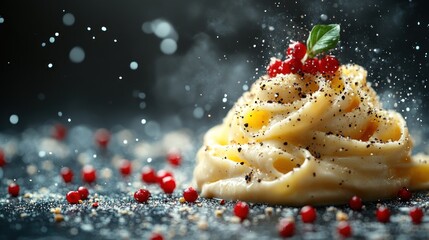 A gorgeous pasta dish topped with herbs and berries for a stunning look