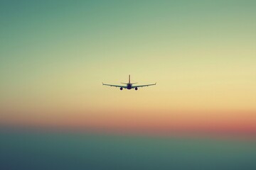 Wall Mural - A tiny plane flying high above the horizon, with the vast sky around it stretching out in soft gradients.