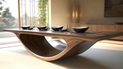 Wall Mural - A sleek dining table featuring 3D-rendered noodle bowls with an international twist