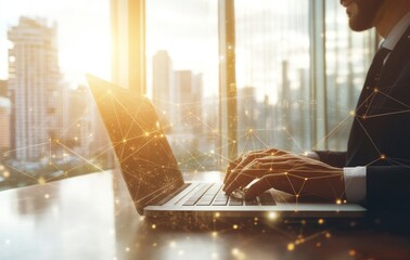 Poster - Concept of digital technology, internet network connection. A business woman works on a laptop computer in a modern office with a global network and wireless data connection.