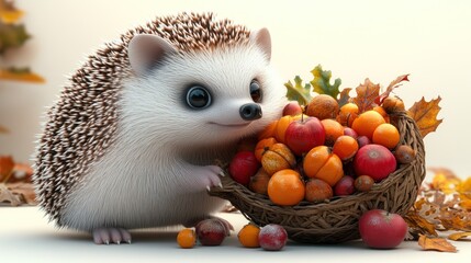 A cute hedgehog collects vibrant fruits surrounded by autumn foliage