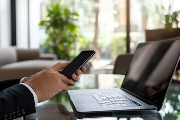 Wall Mural - At home, a multitasking businessman is using computer devices