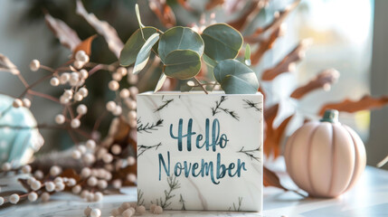 Marble plaque with the text hello november surrounded by autumn leaves