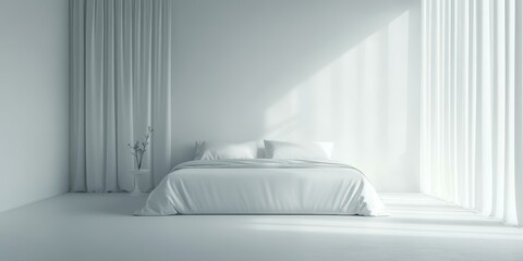 Poster - White bedroom with bed, curtains, and sunlight.