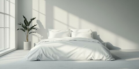 Sticker - White bed with white linens in a minimalist room.