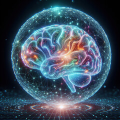 Wall Mural - Hologram of the brain. Wireframe glowing low poly design on dark background, healthy brain concept