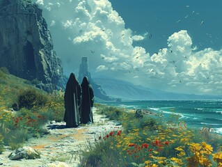 Two figures in black robes walk along a path by the sea, with a tower in the distance, under a blue sky with puffy clouds.