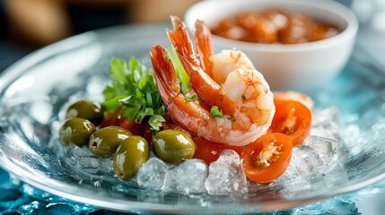 Closeup of shrimp, tomatoes, and olives served on ice.