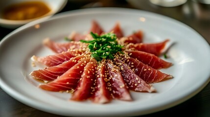 Closeup of sliced raw tuna with sesame seeds and green onions on a white plate.