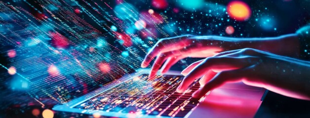 The concept of digital technology, software development, agile methodology is shown with a programming programmer on a laptop typing javascript code onto a virtual screen.