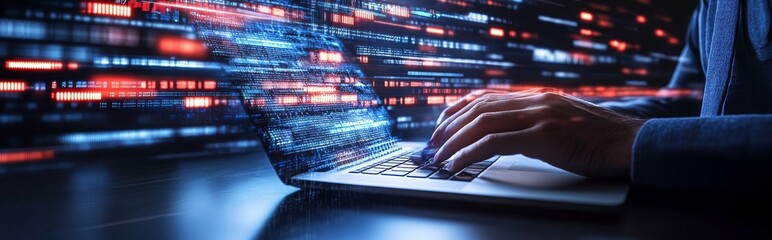 Tech background including digital technology, internet network connection, big data, digital marketing, and Internet of Things. Programmer coding on modern computer with smart city technology, data