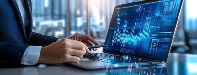 Big Data Analytics. Business teamwork analyzes financial graphs using a touch screen on a virtual computer. A futuristic technology solution for business development.