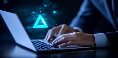 an office worker works on a laptop computer with an exclamation mark warning of an incoming virus.