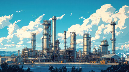 Petrochemical Equipment,  A petrochemical plant featuring industrial equipment and building structures set in a landscape designed for manufacturing and production