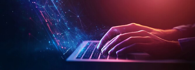 Using computer with global network connection, data link and exchange on virtual screen. Digital transformation, internet network technology, big data, futuristic technology background.
