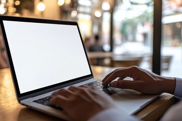 The image shows a laptop that is used by a casual businessman or freelancer with a blank screen, sitting in front of a coffee cup.