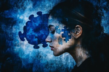 Sticker - Shared brain activity Mental effort Side profile of a woman with puzzle brain symbolizing the complexity of identity and the assembly of self in a dark reflective environment