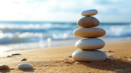 Wall Mural - Stack of smooth pebbles balanced carefully on a sandy beach, with the ocean in the background