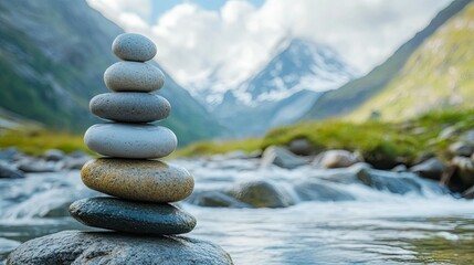 Wall Mural - Stack of smooth river stones balanced on each other, with a mountain stream in the background