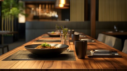 Wall Mural - A sleek restaurant table with cool tones and 3D-rendered noodle dishes