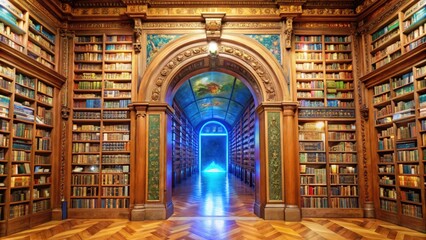 Poster - Ornate Library with Archway Leading to Blue-Lit Hallway