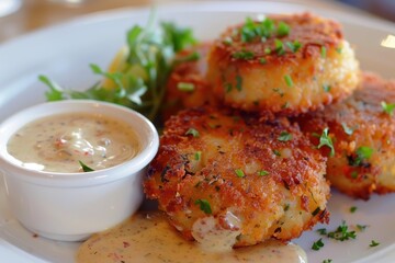 Wall Mural - A serving of spicy crab cakes, golden brown and crispy, served with a zesty remoulade sauce and a lemon wedge