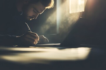 Using a stylus pen in an office, a manager signs an electronic document using a digital tablet in order to illustrate the concept of electronic signatures