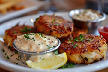 Wall Mural - A serving of spicy crab cakes, golden brown and crispy, served with a zesty remoulade sauce and a lemon wedge