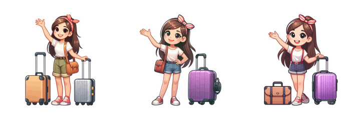 Vector illustration of a happy girl waving with her luggage, ready for a new adventure