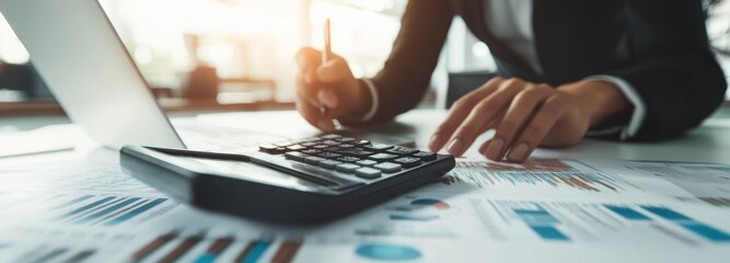 Canvas Print - Business woman working on laptop in office with copy space and accounting financial report on laptop. Hands of accountant using calculator to calculate tax refund.