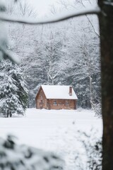 Wall Mural - The sharp contrast of a distant snow-covered cabin in a winter landscape, with the surrounding trees and snow softly blurred. 