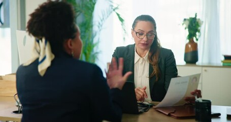 Canvas Print - Business woman, meeting and interview with candidate for hiring, recruit or application at office. Female person, employer and candidate with resume, cv or document for job or career opportunity