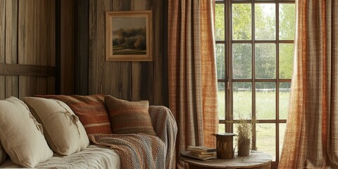 Wall Mural - Rustic interior with window, couch, and table.