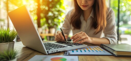 Canvas Print - Woman calculating monthly expenses, managing a budget, sitting at desk using calculator to calculate tax refund, working at desk with laptop on table, close-up of woman.