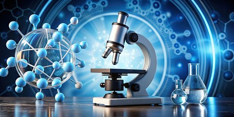 Microscope and beaker surrounded by atoms and molecules, forming a circular pattern, suggesting a modern scientific laboratory's emblem or branding icon.