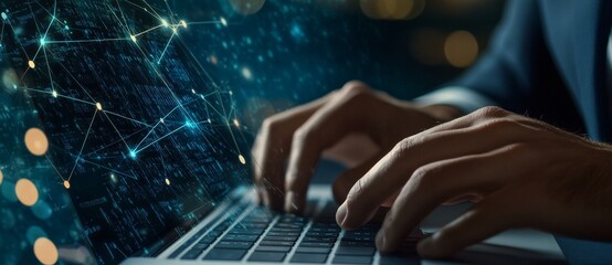 A big data, digital technology abstract background with data science and internet network connection technology concept. User using modern computer with line and dot connection, cloud computing.