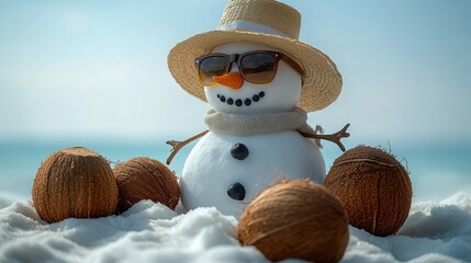 A playful snowman enjoys a sunny beach day, surrounded by tropical coconuts