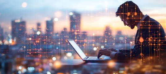 Businessman using computer, global internet network connection, data analysis, data science, business strategy, business plan.