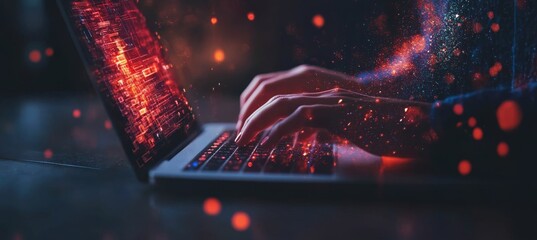 An expert in digital marketing, data science, and strategic planning uses a computer, an internet connection, and data analysis. Businessman uses computer, global network connection, data analysis