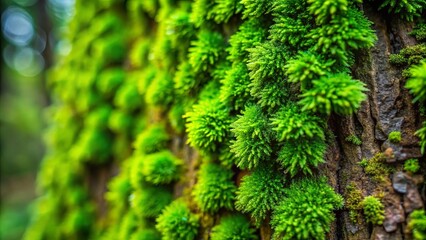 Close up macro shot of vibrant green moss with intricate patterns and detailed texture growing densely on a tree trunk, showcasing nature's beauty
